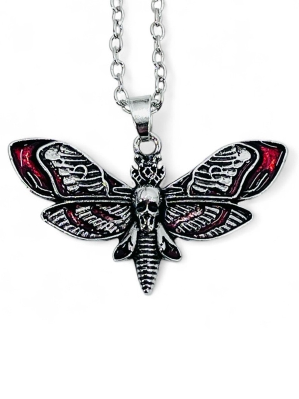 NEW Gothic Death Skull Hawk Moth Silver/Red Pendant Necklace